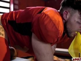 Football players Adrian Hart and Joseph Castillan get into a heated anal sex inside the locker room.