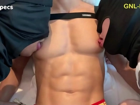 Amazing fit six pack and big pecs asian guy nipple played and sucked